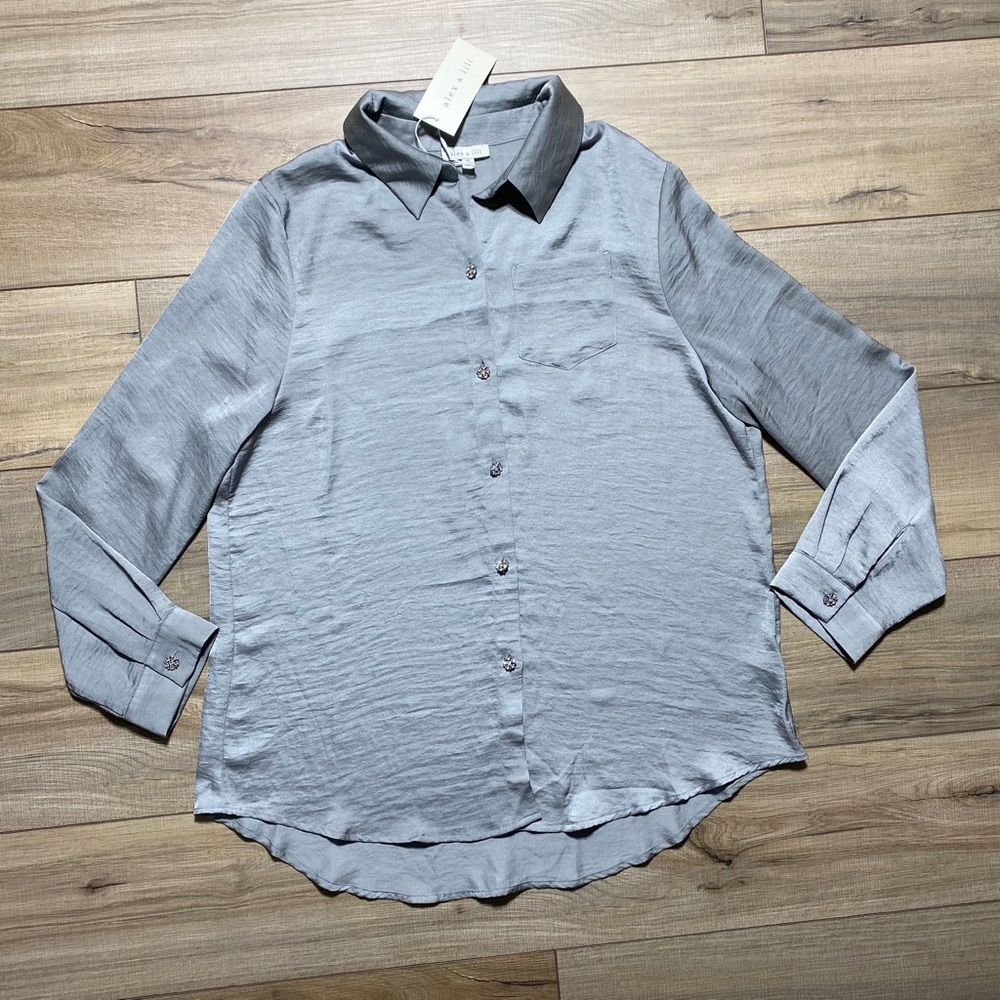 Alex & Lili‎ Women's Rhinestone Long Sleeve Button Up Blouse Size XL Gray